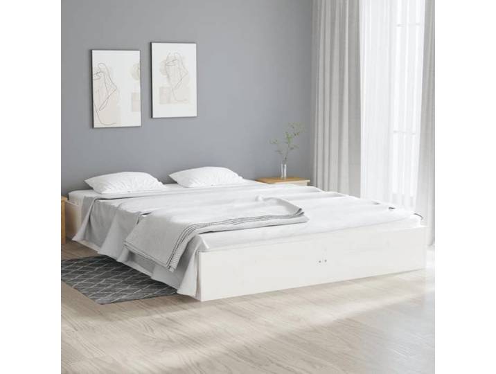 Cadre de lit en bois massif - - 140x190 cm - Blanc - Bois de pin massif - Lattes en contreplaqué - Robuste