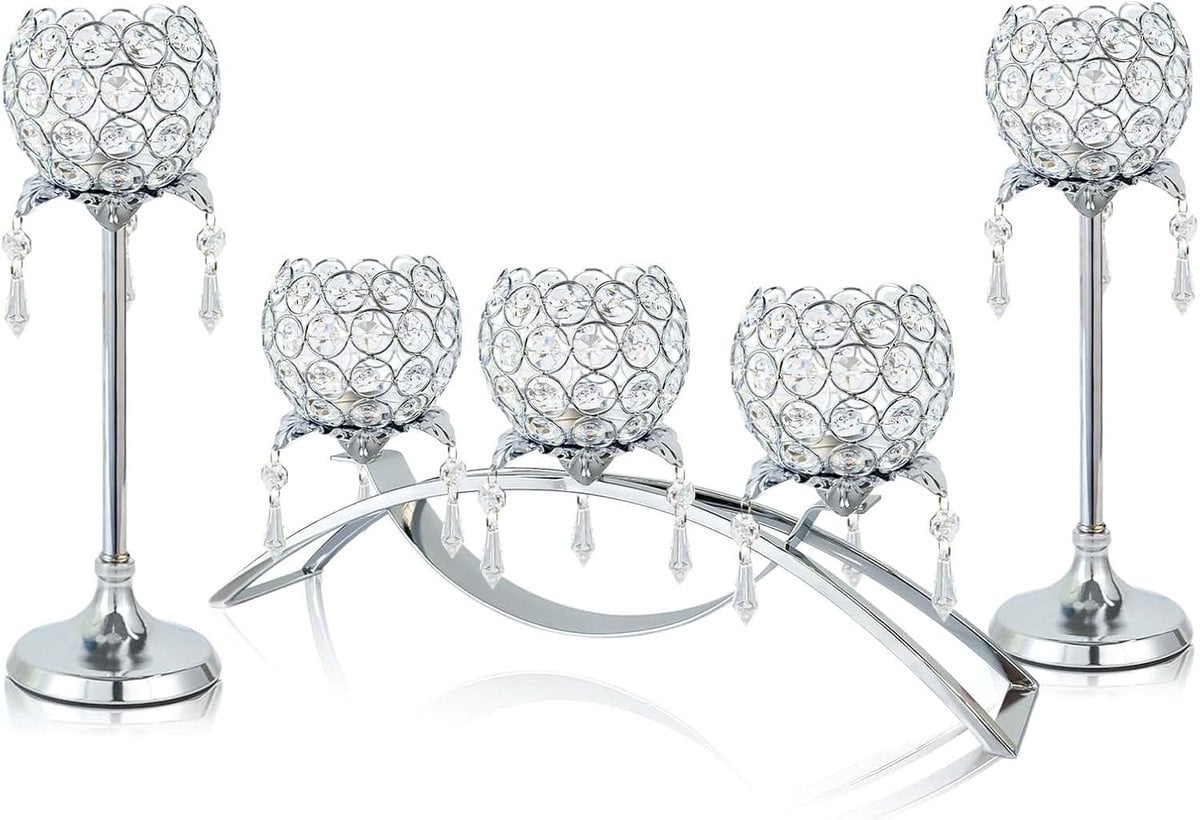 Set van 3 zilveren bloemvormige theelichtkandelaars met kristallen hangers voor tafeldecoratie