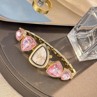 Uplift Essentials Lustrous Irregular Geometric Diamond Watch High Sense Light Luxury Timepiece With Artistic Big Diamond Accents pink