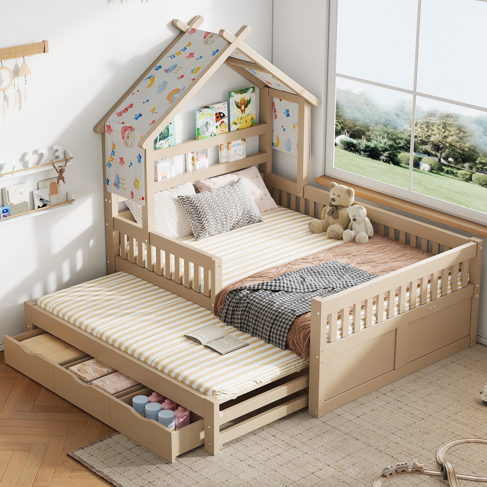 okwish Kinderbett 140x200 mit einer Matratze Doppelbett mit Ausziehbett Funktionsbett mit Schubladen und Sicherheitsgittern Holzbett hausförmig Natur