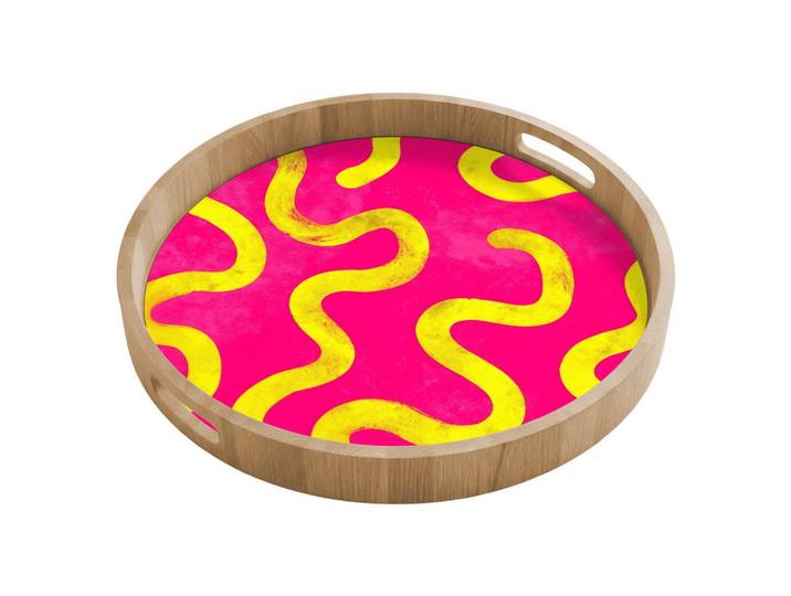 OnlyWow Tablett - Linie - Gelb - Abstrakt - 50x50 cm, Pink, Holz, Echtholz,Eiche, Rund, 50x5x5 cm, Geschirr, Tischkultur & Serviergeschirr, Tabletts
