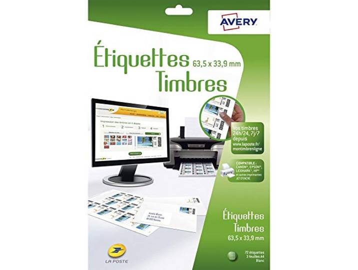 AVERY Lot de 3 étuis 72 étiquettes adhésives blanches spécifiques pour créer ses timbres. 63\,5x33\,9mm