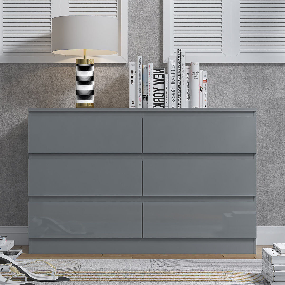 Hashtag Home Warren 6 Drawer Wide 3+3 Chest Of Drawers 110cm W Double Dresser Grey Gloss 77cm H X 110cm W X 40cm D