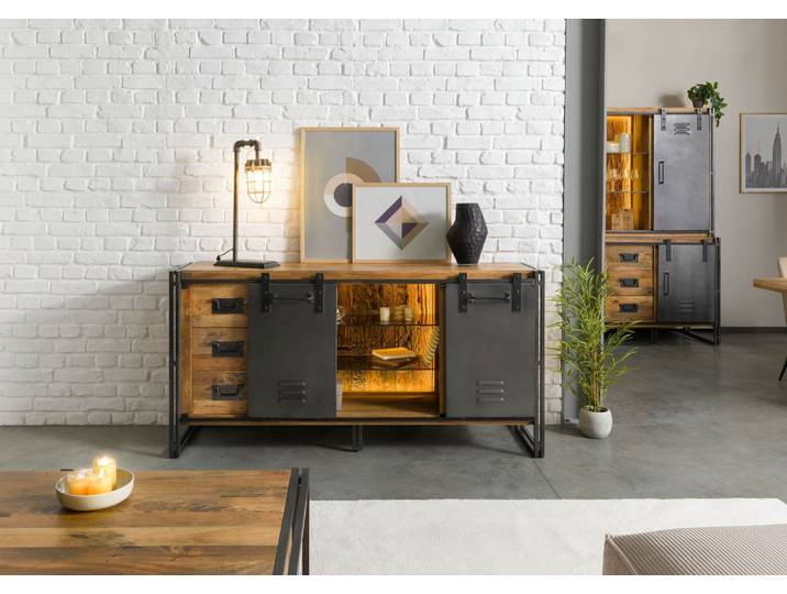 Sideboard Mango / Altholz 180x45x90 natur / grau lackiert / Metall grau BLACKBURN LUX #552
