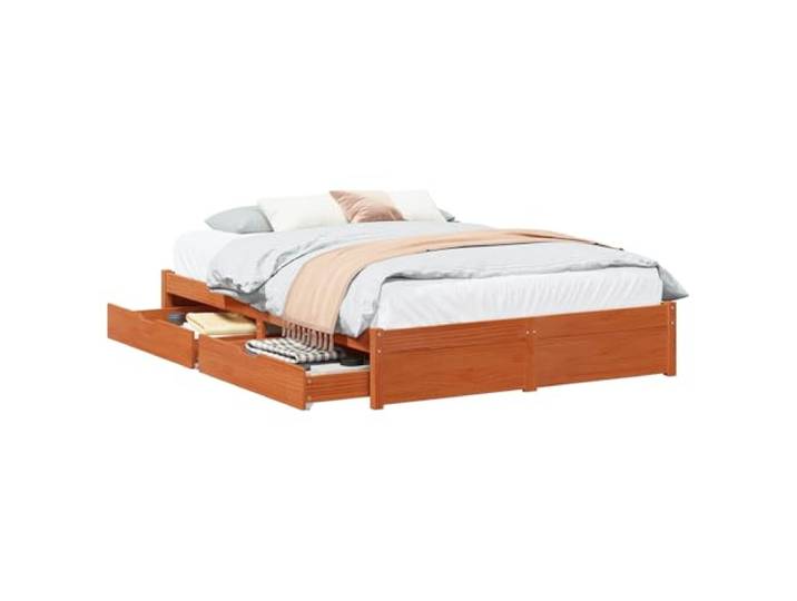 PUGYNBK 3-teiliges Bettgestell aus massivem Kiefernholz, Braun 2 ausziehbare Schubladen, Lattenrost, ohne Lattenrost, einfache Montage, geeignet für Schlafzimmer