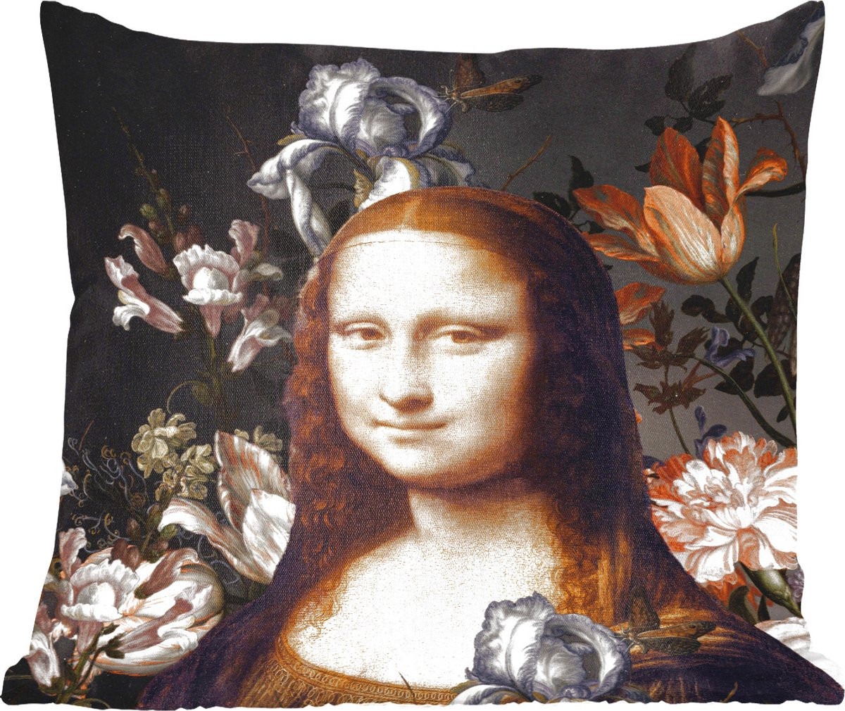 Sierkussen Mona Lisa met bloemen van de Oude Meesters, 40 x 40 cm