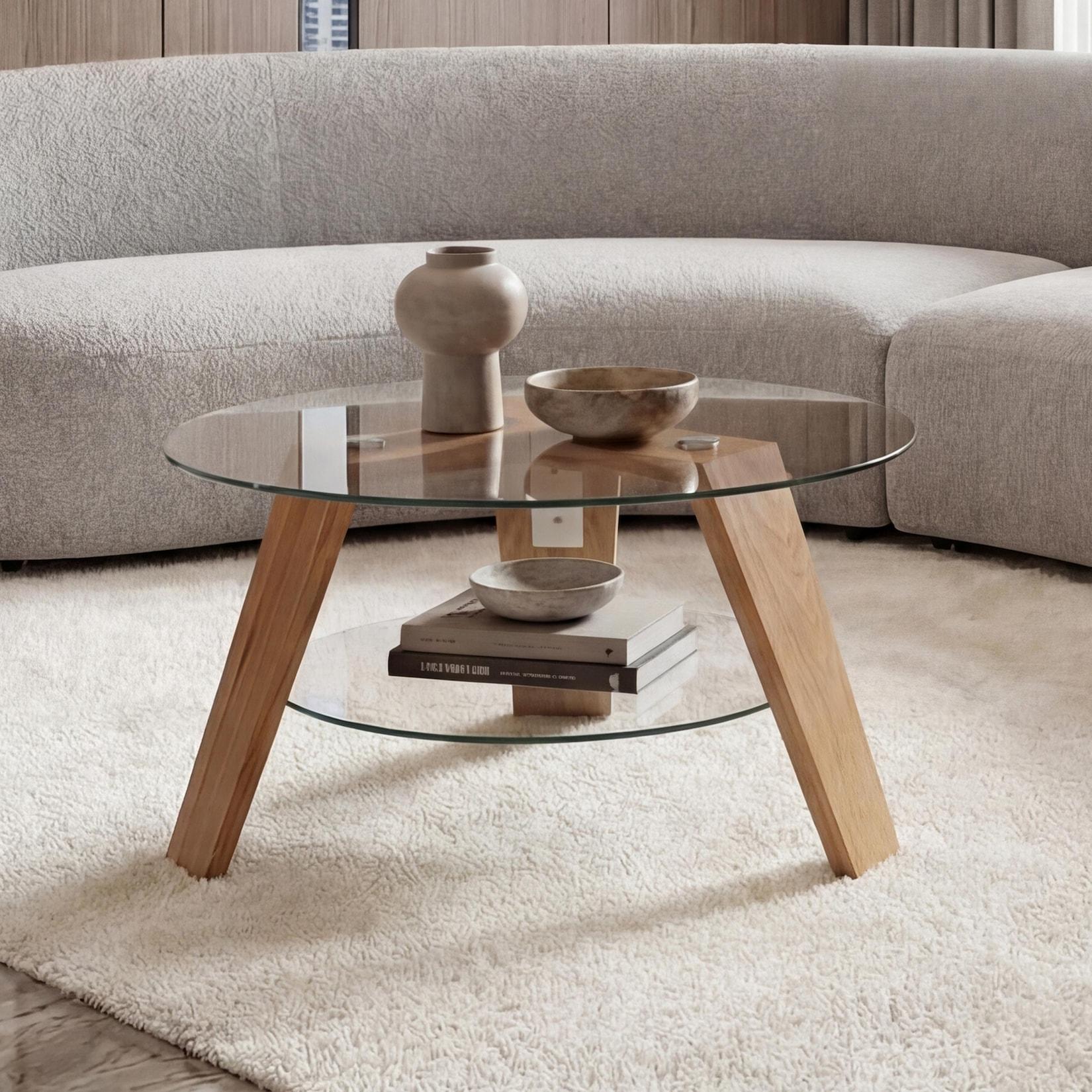 MCA Couchtisch MCW-P59, Beistelltisch Kaffeetisch Wohnzimmertisch, Massiv-Holz Glas rund Ø 75cm, Eiche