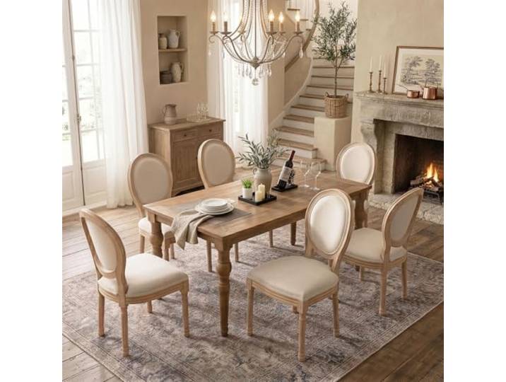 Französische Esszimmerstühle, runder Rücken aus Leinen, 6er Set, Beige Massivholzstruktur, ovaler Rücken, retro antik Finish, Landhausstil, geeignet für Küche und Esszimmer.