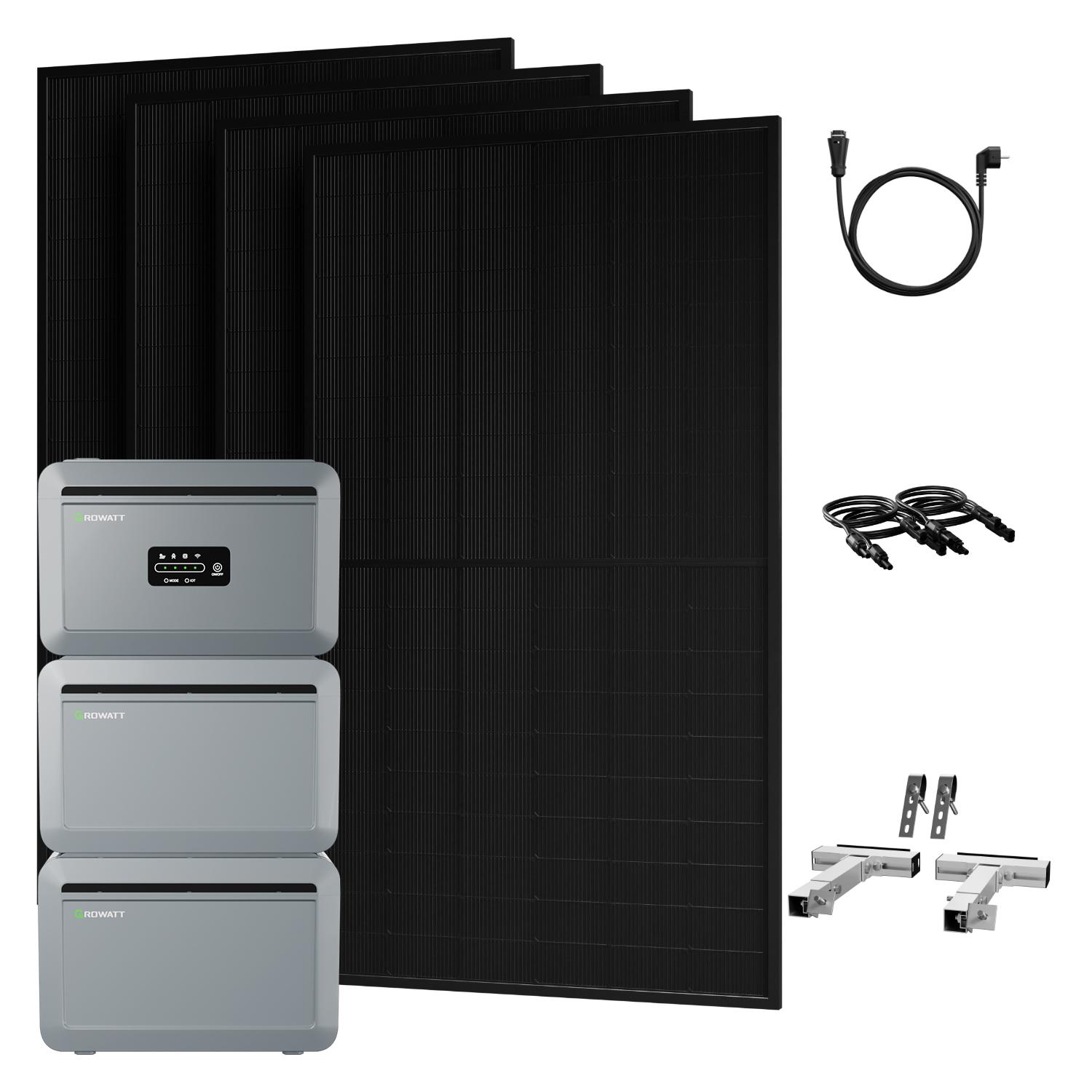 Powerness Balkonkraftwerk mit Speicher,Growatt NEXA 2000 Speicher und 2x NEXA2000E Erweiterungsakku, 4x 500W Solarmodule, 4x Balkon-Halterung(Silber)