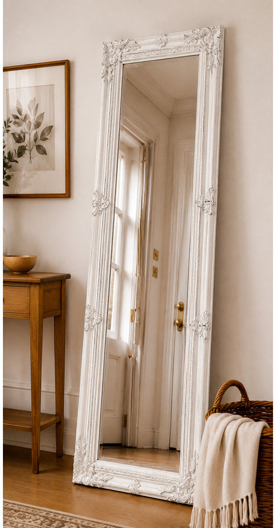 Astoria Grand Sade Tall Solid Wood Framed Wall or Dressing Mirror Antique White 142cm H X 5cm D