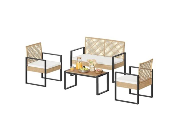 WOLTU Salon de Jardin Extérieur en Rotin PE et en Lattes PS avec Cadres en Métal Mobilier de Balcon 4 Places pour Jardin Balcon