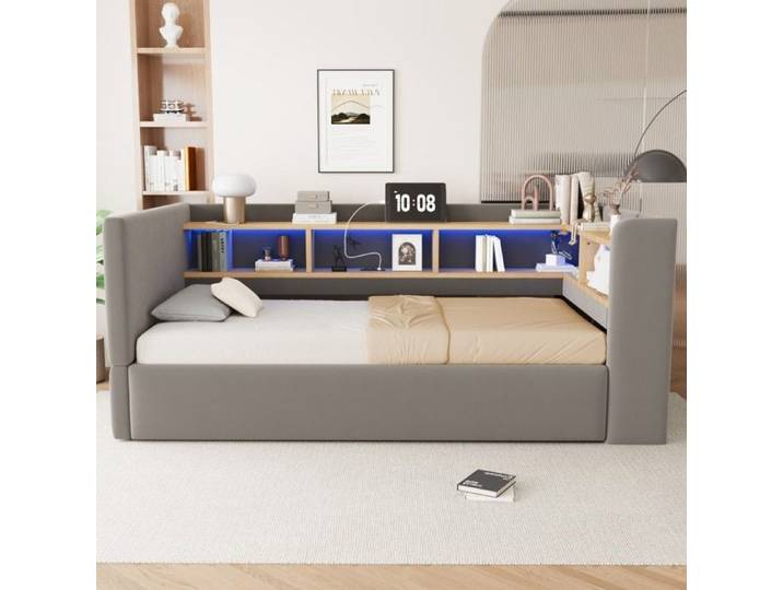 Lit Simple Canapé-lit hydraulique 90x190 gris foncé lit rembourré multifonction LED prises rangements Sans Matelas