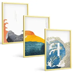 BILDER SET 3er Set - 40x60 cm Goldrahmen - Wellen des japanischen Grafikstils