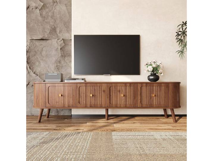 Meuble TV moderne support TV meuble TV bas. Quatre portes poignées dorées pieds en bois design unique. 180x38x47 cm (L x l x H)