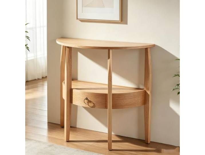 Moderne halbmondförmige Konsole Tisch, semicircularer Eingangstisch Platzsparendes Design, Massivholzrahmen, Staublade, moderne Deko Flurkonsole Tisch(Natural Wood,66cm/26.0in)
