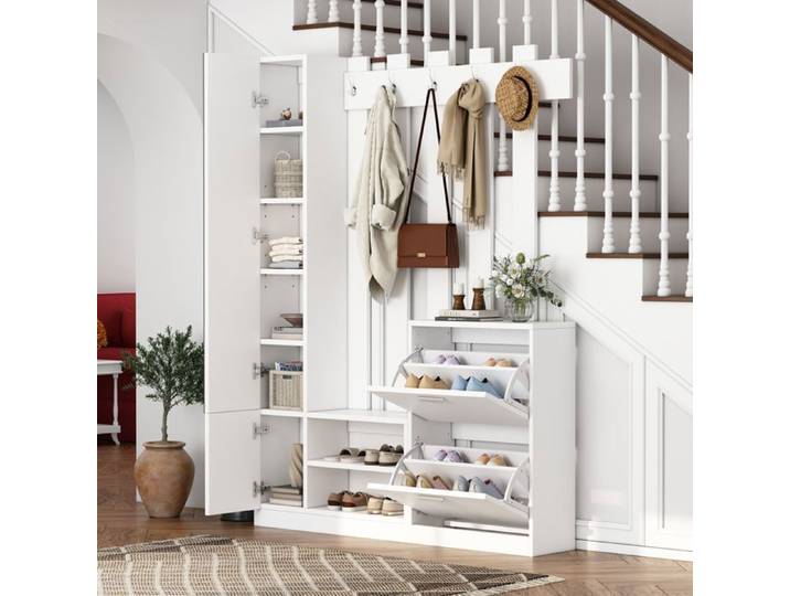 135*25*180cm Armoire-Set avec miroir Armoire couloir Armoire suspendue Armoire compacte Avec 2 armoires à chaussures à portes ra
