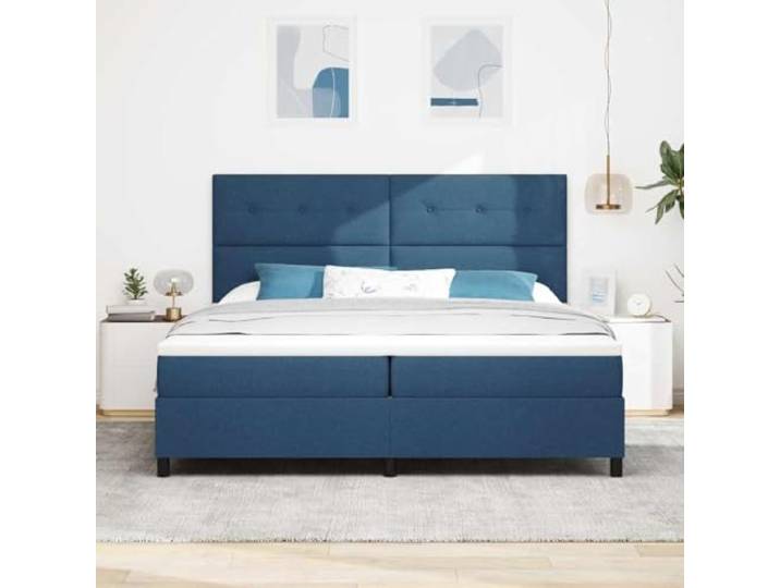 KTHLBRH Boxspringbett mit Kopfteil blau 200 x 200 cm Stoff Technisches Holz, Kiefer massiv, mittelfeste Matratze, minimalistisches Design