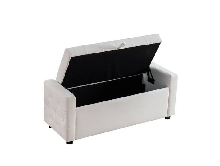 Banc coffre de rangement rectangulaire 122x45x47 cm capitonné en simili PU blanc avec assise rembourrée JOINERY
