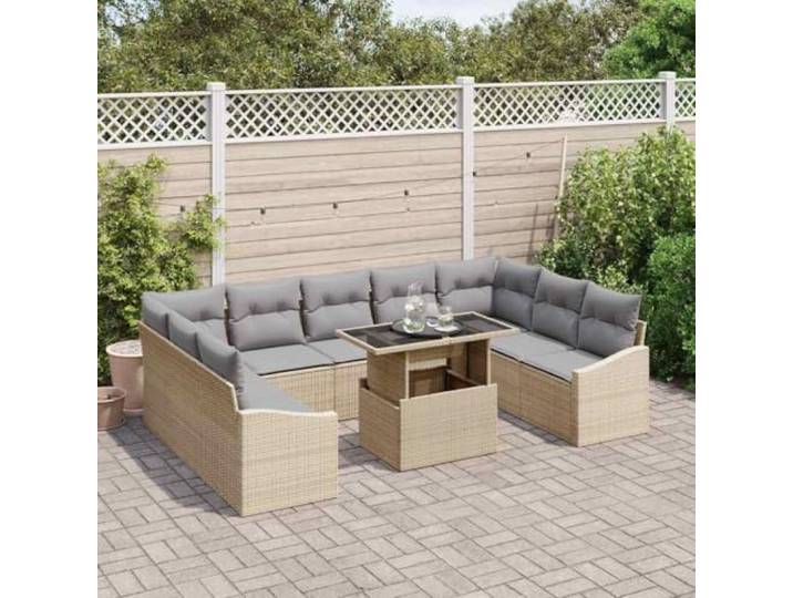 KTHLBRH Sofa-Set, 10-teilig, Beige und Hellgrau, Poly-Rattan Modularer Glastisch, abnehmbare Kissen, wetterfest