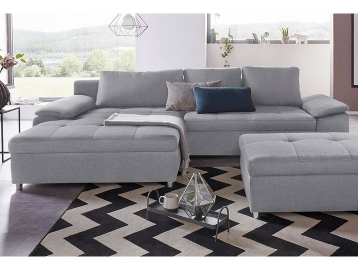 Ecksofa, Luxus-Microfaser, Grau, 290×90 cm, Mit Bettfunktion & Bettkasten, Modern, SIT & MORE