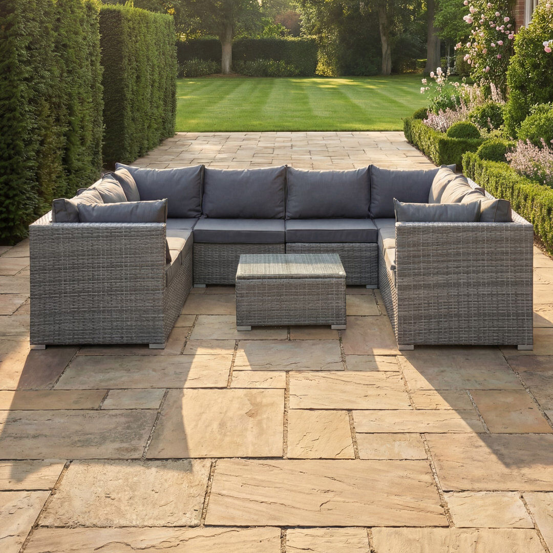 17 Stories Taraf 268cm Wide U-Shaped Wicker Patio Sectional Set Grey 8