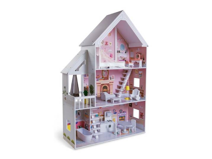 TikTakToo Puppenhaus Puppenstube Traum Villa Set aus Holz, (komplett eingerichtet, mit Balkon Terrasse, 16-tlg., mit 15-teiliges Möbel- und Zubehör-Set), aus MDF-Holz, für Puppen bis 29 cm geeignet