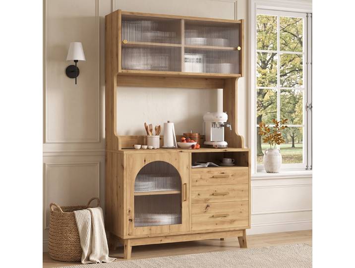 MODFU Küchenbuffet Kompakter Schrank – 100,5×40×178 cm mit USB & Steckdosen (Packung, 1-St., Natur, für Esszimmer & Wohnzimmer) Wellenfront, viel Stauraum, praktisch