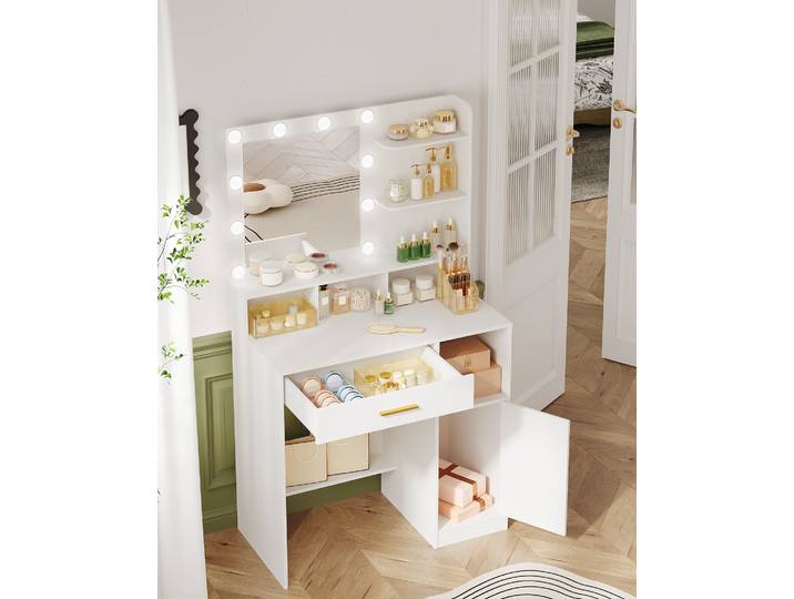 Coiffeuse avec miroir et 10 lumières LED, coiffeuse avec 3 étagères et 4 compartiments ouverts, coiffeuses de grande taille