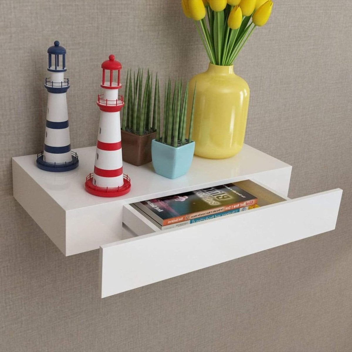 Zwevende Wandplank met Lade - Wit - 48 cm