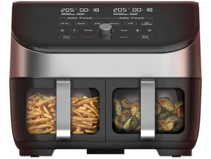Instant Vortex Plus Doppelkorb mit ClearCook - 7.6L Digitale Heißluftfritteuse, Edelstahl, 8-in-1 Smarte Programme - Fritieren, Backen,Braten, Grillen, Dehydrieren, Aufwärmen, XL Kapazität -1700W
