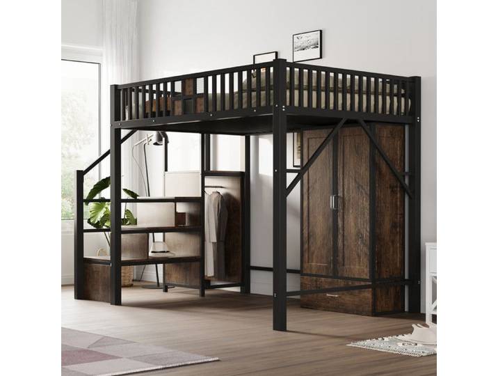 Lit mezzanine haut - TRUXEN8 - Noir - Armoire intégrée - Échelle de rangement