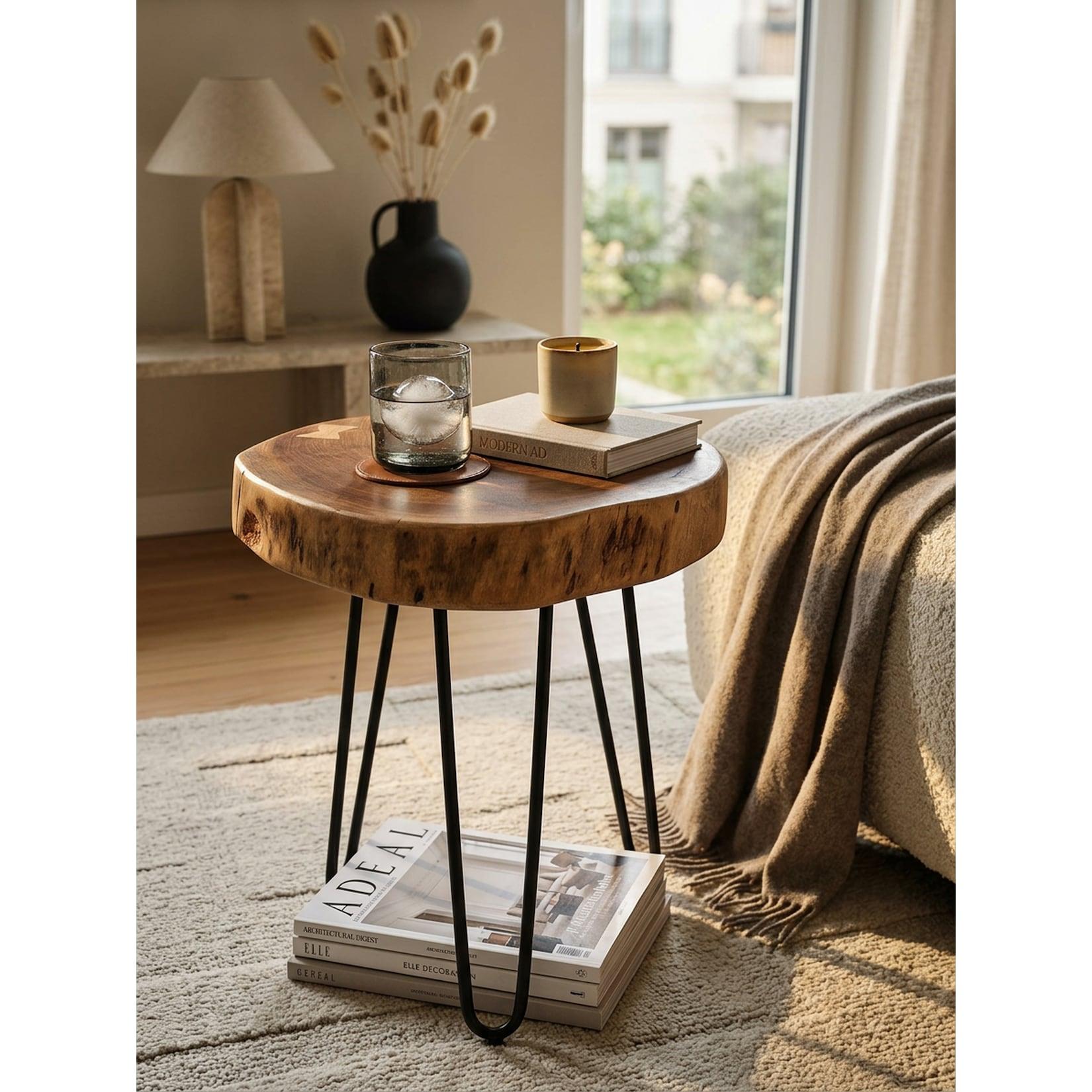 Beistelltisch Massivholz Rund Baumkante BAGLI, Akazie 35x35x45 cm