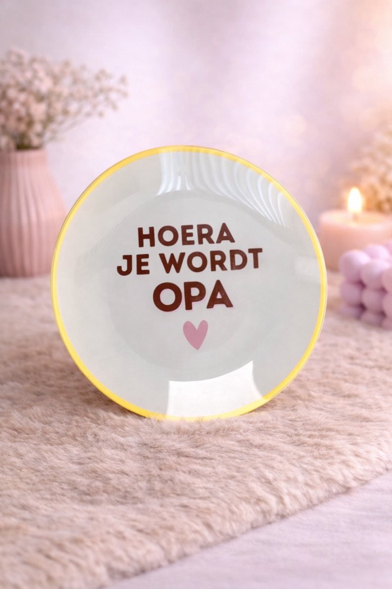 Glazen bord Hoera je wordt Opa voor decoratie en als cadeau
