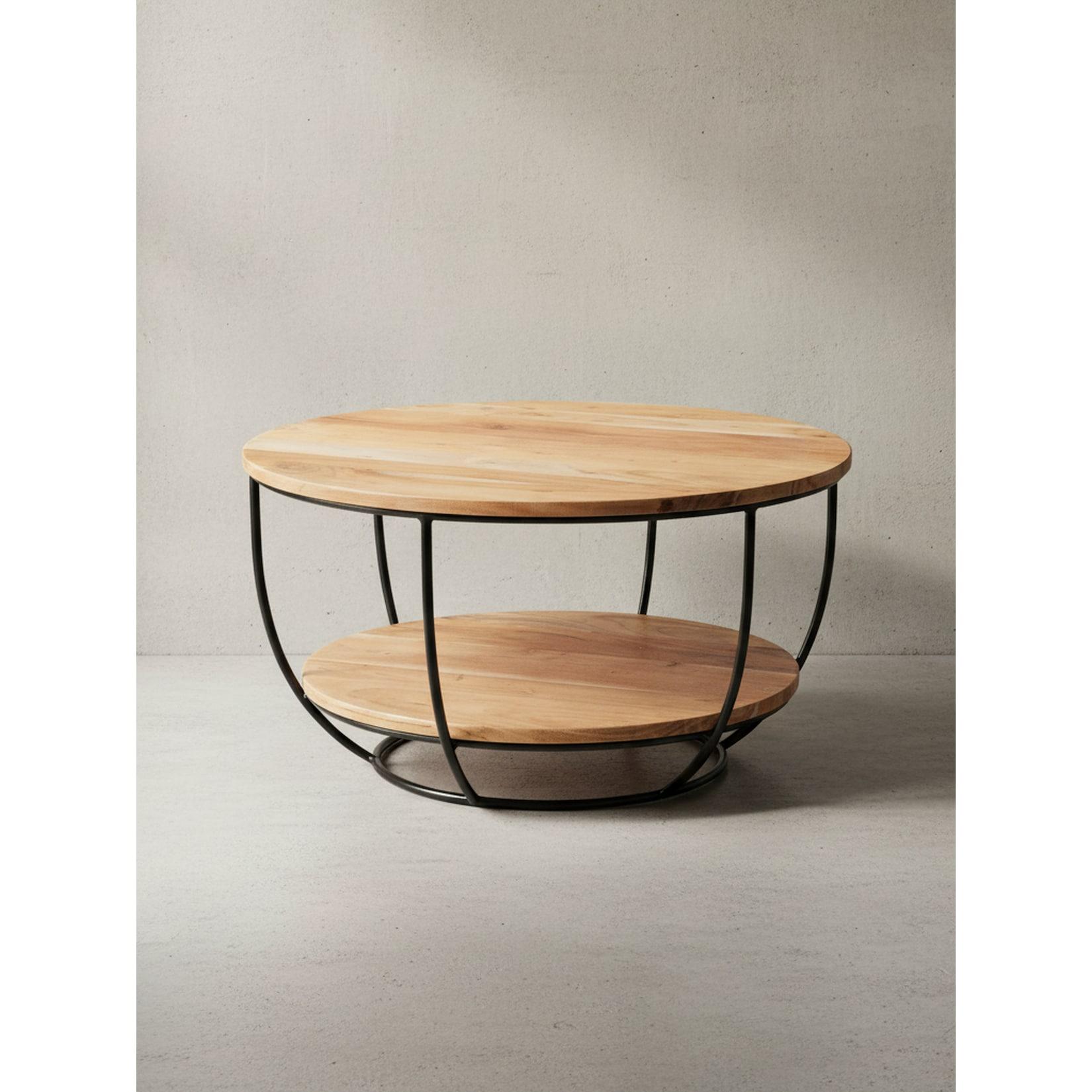 Couchtisch rund aus Akazie Massivholz und Metall, mit Ablage, Industrial-Stil, Braun