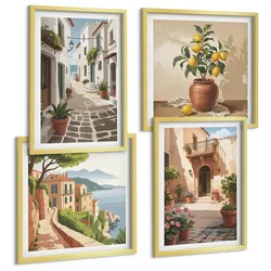 BILDER SET 4er Set - 50x50 cm & 40x60 cm Goldrahmen - Straßen, Häuser, Pflanzen, Töpfe