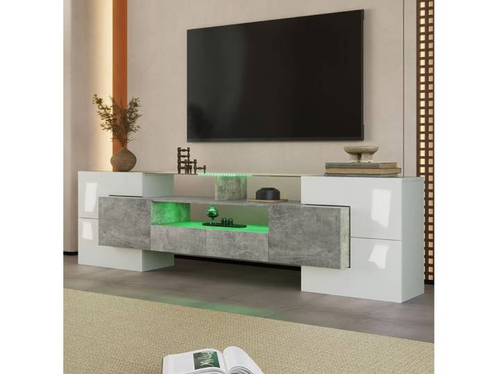 Meuble TV -6 portes - 2 tiroirs - Blanc laqué - éclairage LED - Plateau en verre - 200x35x60cm