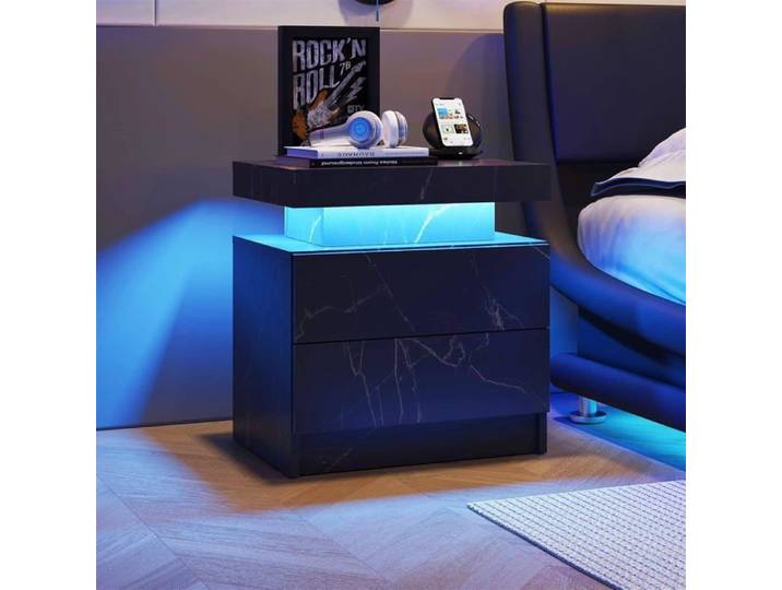 Table de Chevet LED -Table de Chevet Lumières Côté d'extrémité Moderne - avec 2 tiroirs pour Chambre à Coucher (noir + doré)
