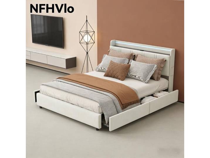 NFHVlo Lit capitonné 140 x 200 cm lit avec 4 tiroirs de rangement et sommier à lattes en bois matelas non inclus