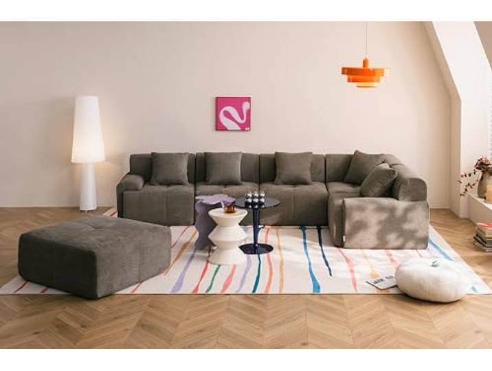 MILYsofa Modulares Wohnlandschaft 5-Sitzer mit Ottomane, Chenille-Bezug Aschbraun, Abnehmbare Kissenbezüge (Aschbraun, Wohnlandschaft)