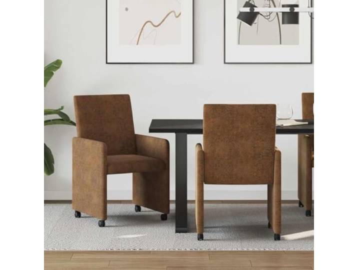 KTHLBRH Esszimmerstühle mit Rollen 2er Set, Kunstleder Braun, Küchenstühle Metallrahmen, Sperrholz, Armlehnen, Schaumstoffpolsterung, pflegeleicht, mobil, bodenschonend, elegantes Design