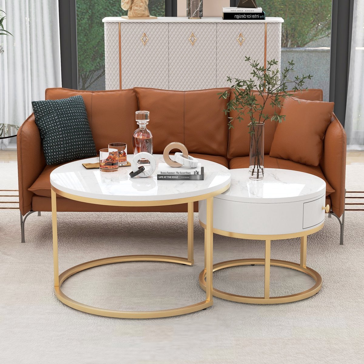 FLIEKS Moderne geneste marmeren salontafel set van 2 stuks - Ronde salontafels en bijzettafels