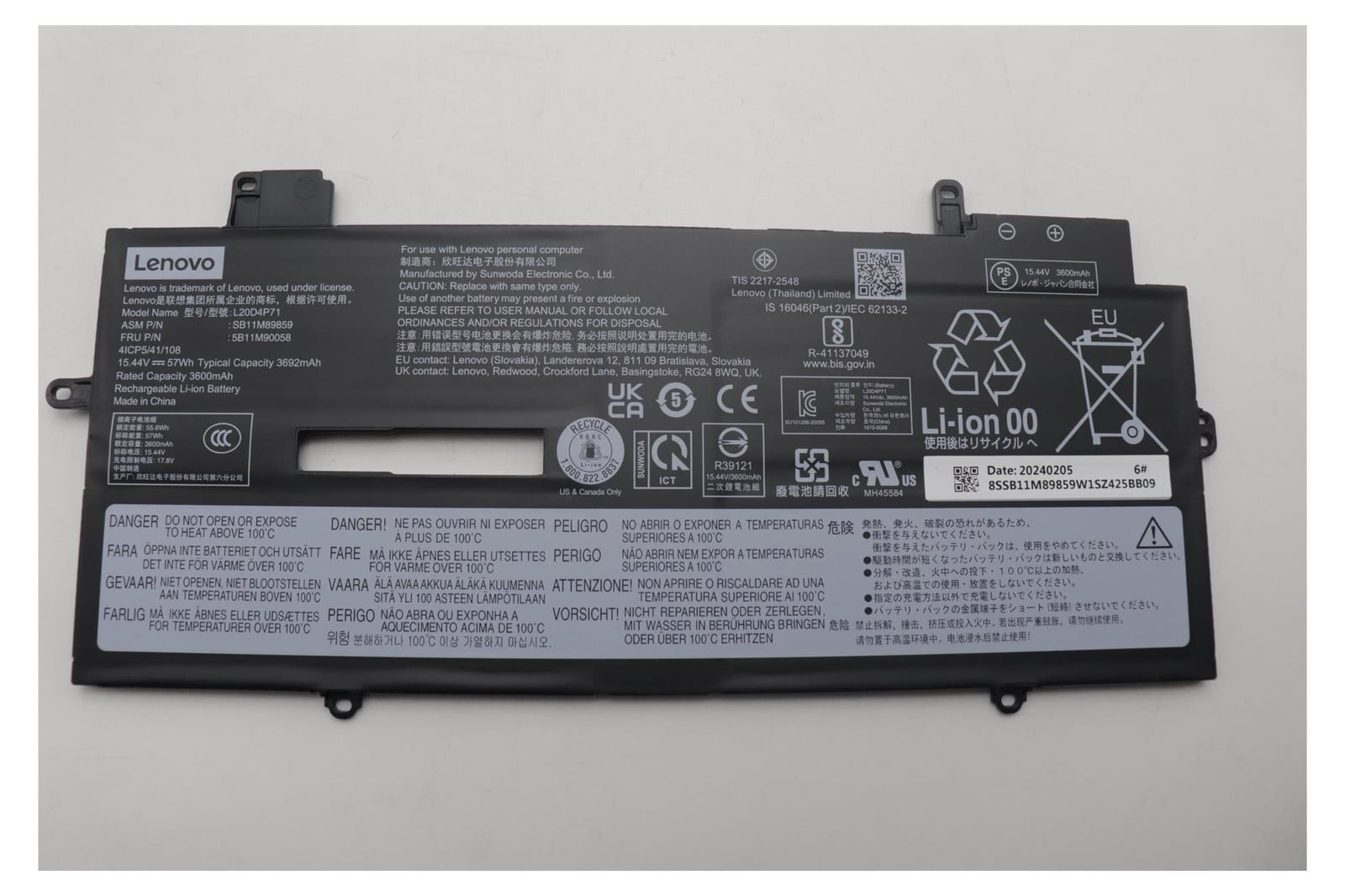 Lenovo interne lithium-ion batterij, 4-cellen, 57Wh, modelnummer 5B11M90058