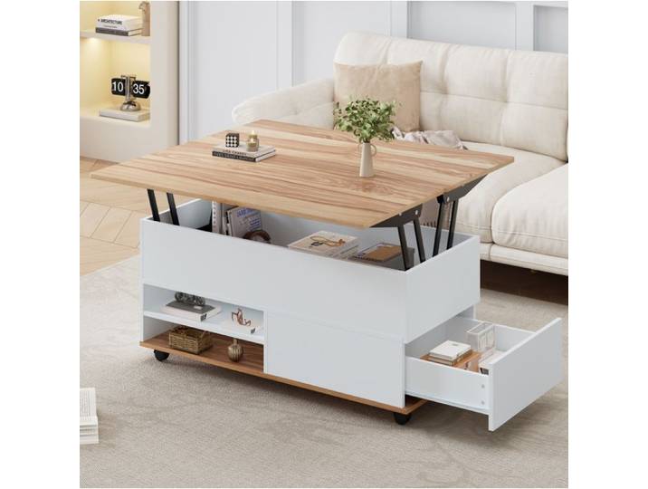 Table basse relevable – Blanc et aspect bois – 100 x 98 x 65 cm – rangement intégré