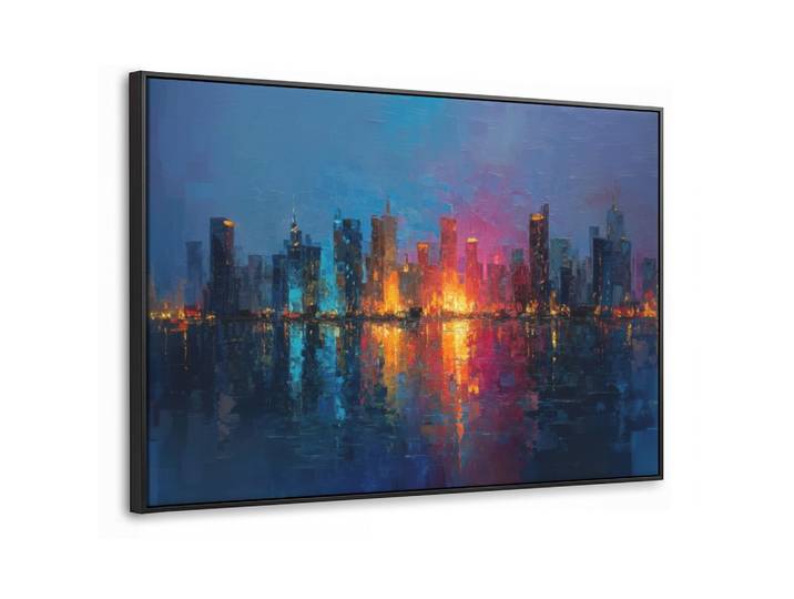 LEINWAND Bilder mit Rahmen - Skyline - Pinselstriche - Dunkelblau - Leuchtend - 140x90