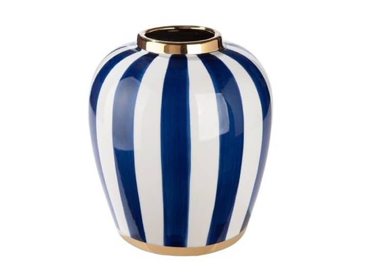 GILDE Elio Vase - Céramique - Bulbe - émaillé - Rayé - Bleu Blanc - Hauteur 30 cm x Diamètre 26 cm - Patins en Feutre et Vase étanche