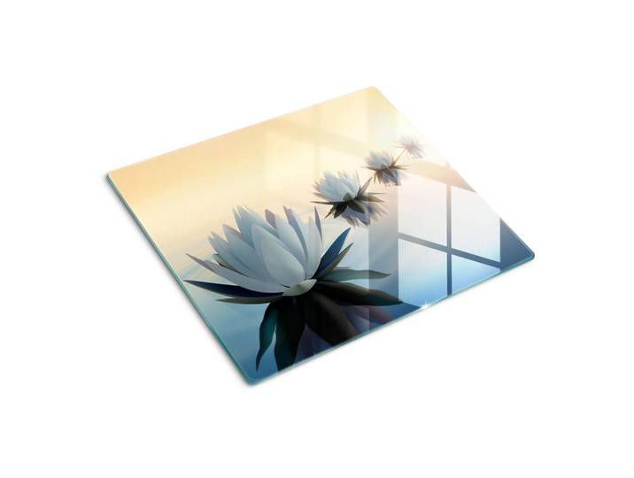 Tulup Glasplatte 60x52 cm Lotusblumen, Weiß, Glas, 60x0.4x52 cm, Küchen, Küchenelektrogeräte, Herde, Herdabdeckplatten