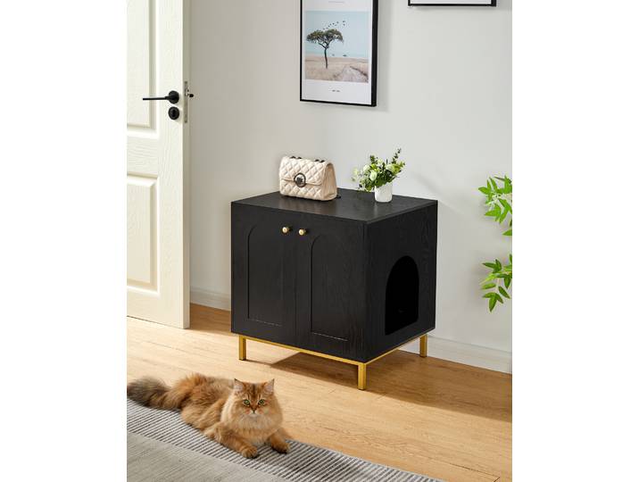 Armoire pour chat, armoire à bac à litière pour chat, maison pour chat avec porte, table d'appoint en bois pour maison pour animaux de compagnie, armoire robuste pour chat, noir et or