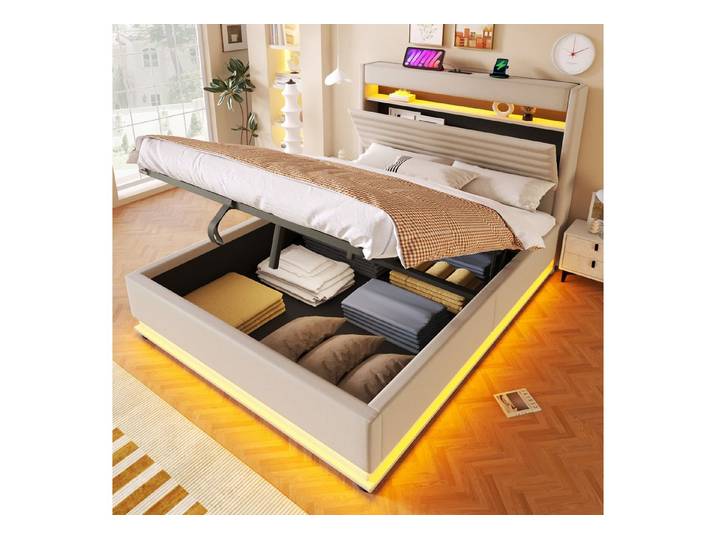 MODFU Polsterbett Stauraumbett mit USB-C Ladefunktion, LED-Beleuchtung (Funktionsbett Jugendbett, hydraulischem Bettkasten und Flip-Top Stauraum, App-/Drucksteuerung, Kinderbett 140x200 cm), ohne Matratze