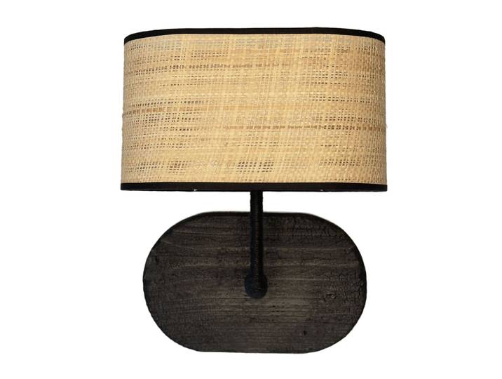 Applique en bois brûlé noir et abat-jour en rotin tressé H37