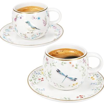 Fancy Garden Vogel & Libelle 2er Espressotassen 110ml mit Untertassen Mokka